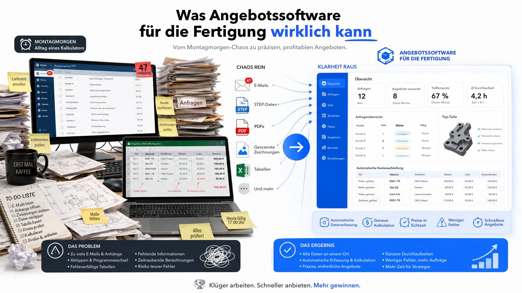 Infografik, die zeigt, wie Angebotssoftware für die Fertigung chaotische manuelle Abläufe in einen effizienten, automatisierten digitalen Ablauf verwandelt.