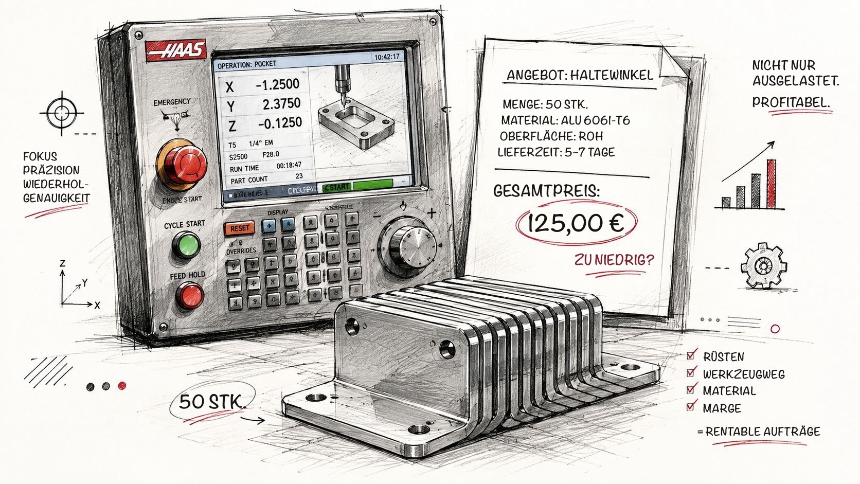 Eine Bleistiftskizze mit dem Bedienfeld einer CNC-Maschine, Teilen und einem kalkulierten Angebot.