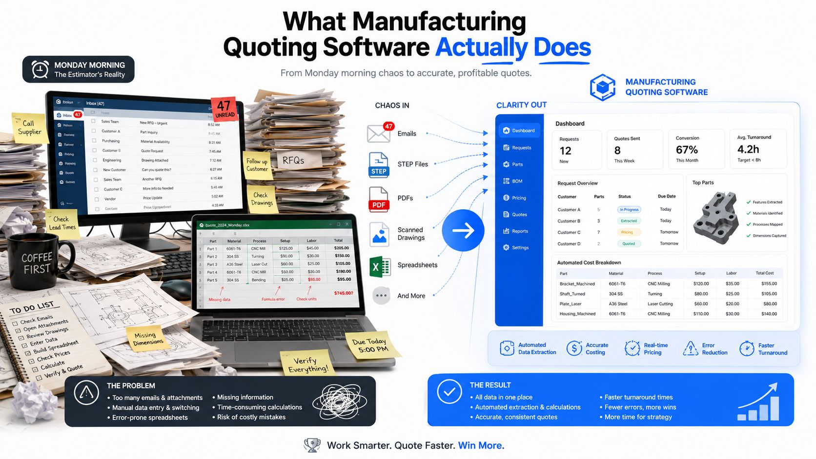 An infographic illustrating how manufacturing quoting software transforms chaotic manual processes into an efficient, automated digital workflow.